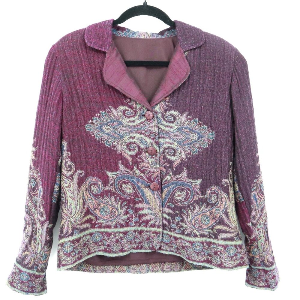 Paisley Wool Jacket Womens 2X Burgundy Boho Eclectic Artsy Hippie Statement